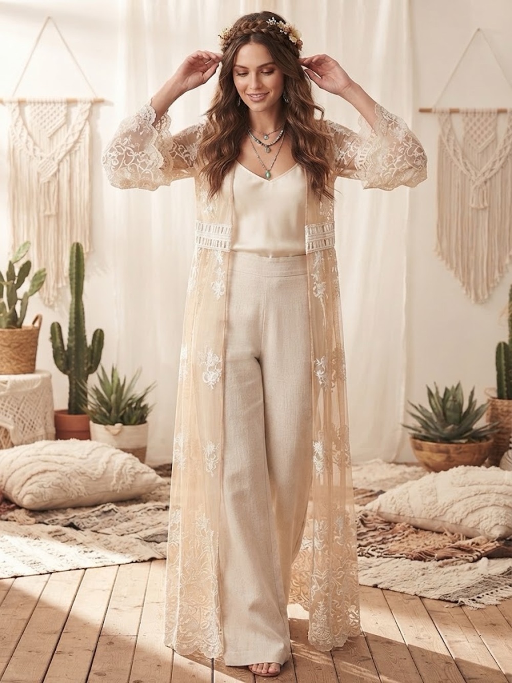 Embroidered Lace Maxi Length Duster - crochet, scalloped hem and flared sleeves
